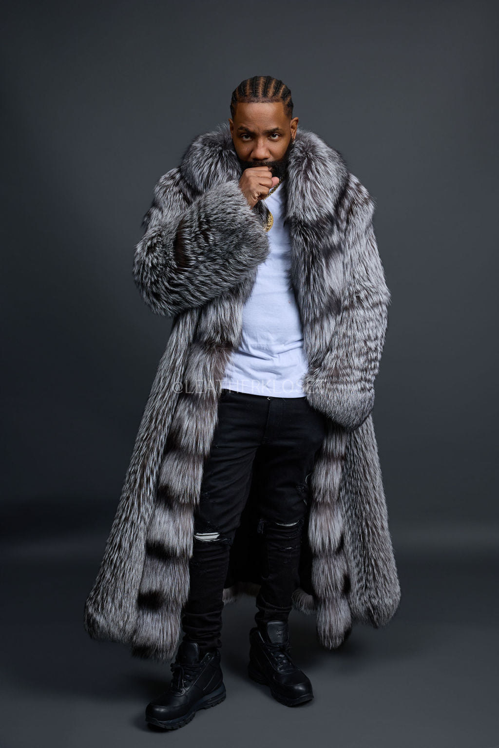 Men's Long Silver Fox Trench Coat