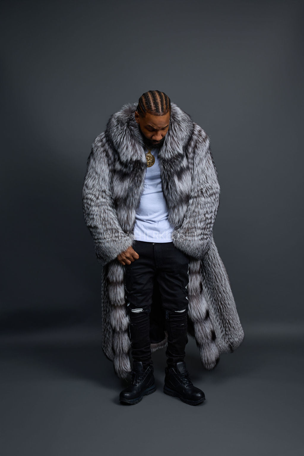 Men's Long Silver Fox Trench Coat