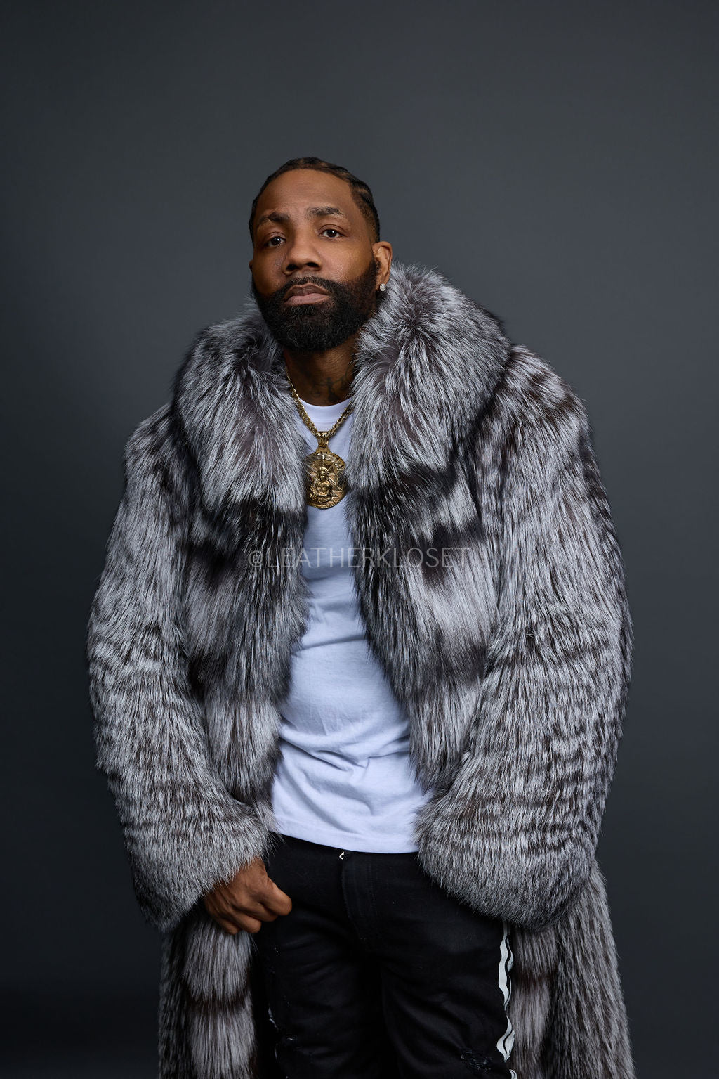 Men's Long Silver Fox Trench Coat