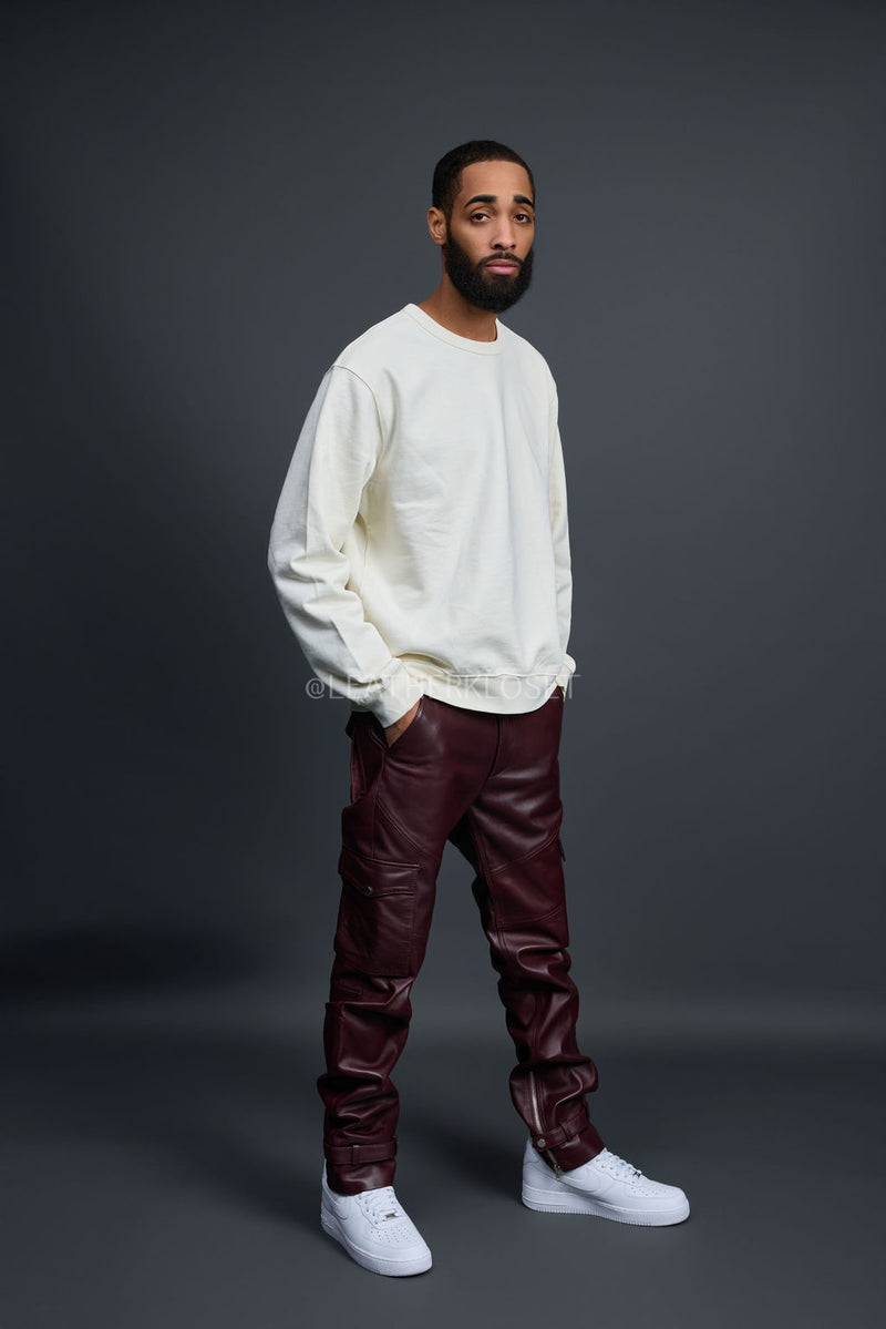 Men's Leather Stack Jean Pants [Burgundy]