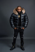 Men’s Aspen Leather Bubble Bomber Jacket [Black/Raccoon]