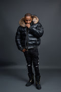 Men’s Aspen Leather Bubble Bomber Jacket [Black/Raccoon]