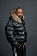 Men’s Aspen Leather Bubble Bomber Jacket [Black/Raccoon]