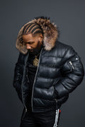 Men’s Aspen Leather Bubble Bomber Jacket [Black/Raccoon]