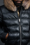 Men’s Aspen Leather Bubble Bomber Jacket [Black/Raccoon]