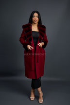 Women's Cashmere Trench Coat With Rex Trimming [Burgundy]