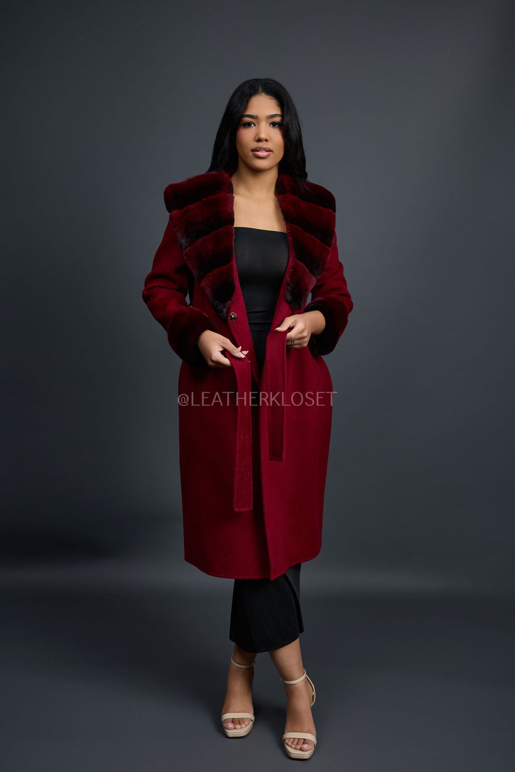 Women's Cashmere Trench Coat With Rex Trimming [Burgundy]