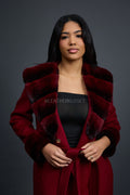 Women's Cashmere Trench Coat With Rex Trimming [Burgundy]