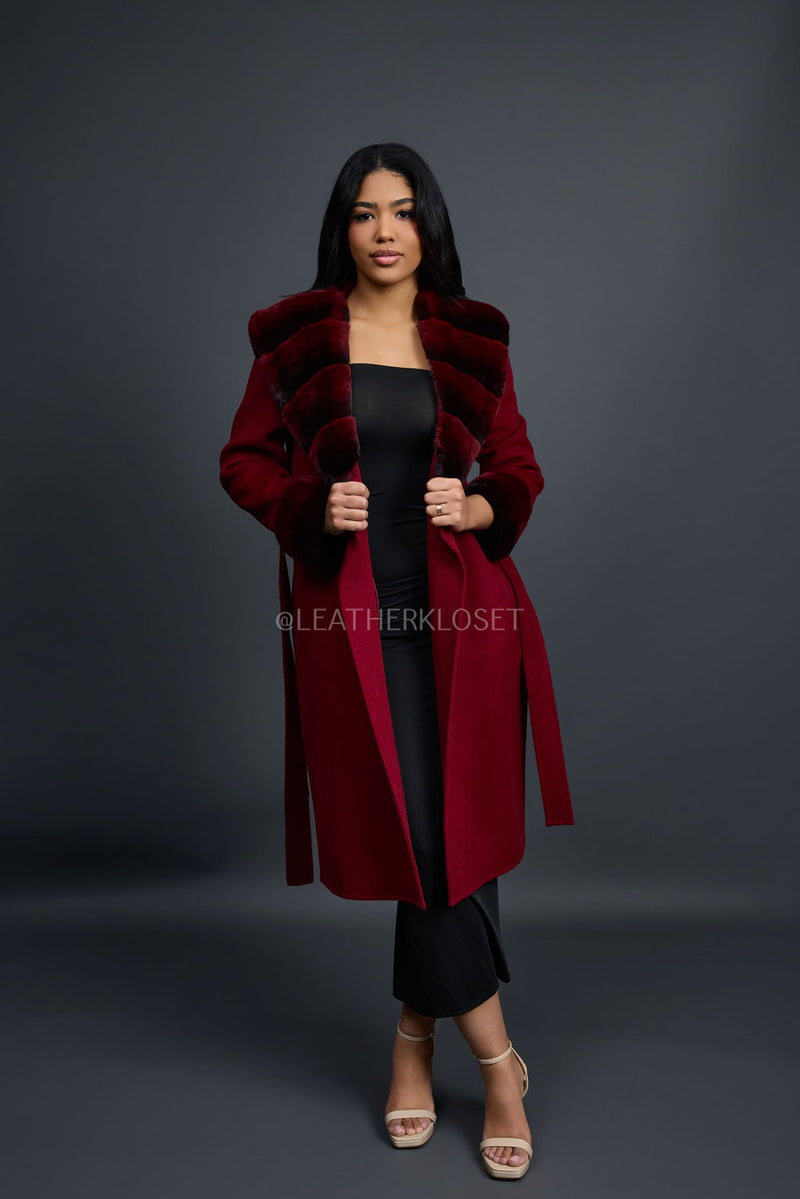 Women's Cashmere Trench Coat With Rex Trimming [Burgundy]