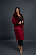 Women's Cashmere Trench Coat With Rex Trimming [Burgundy]