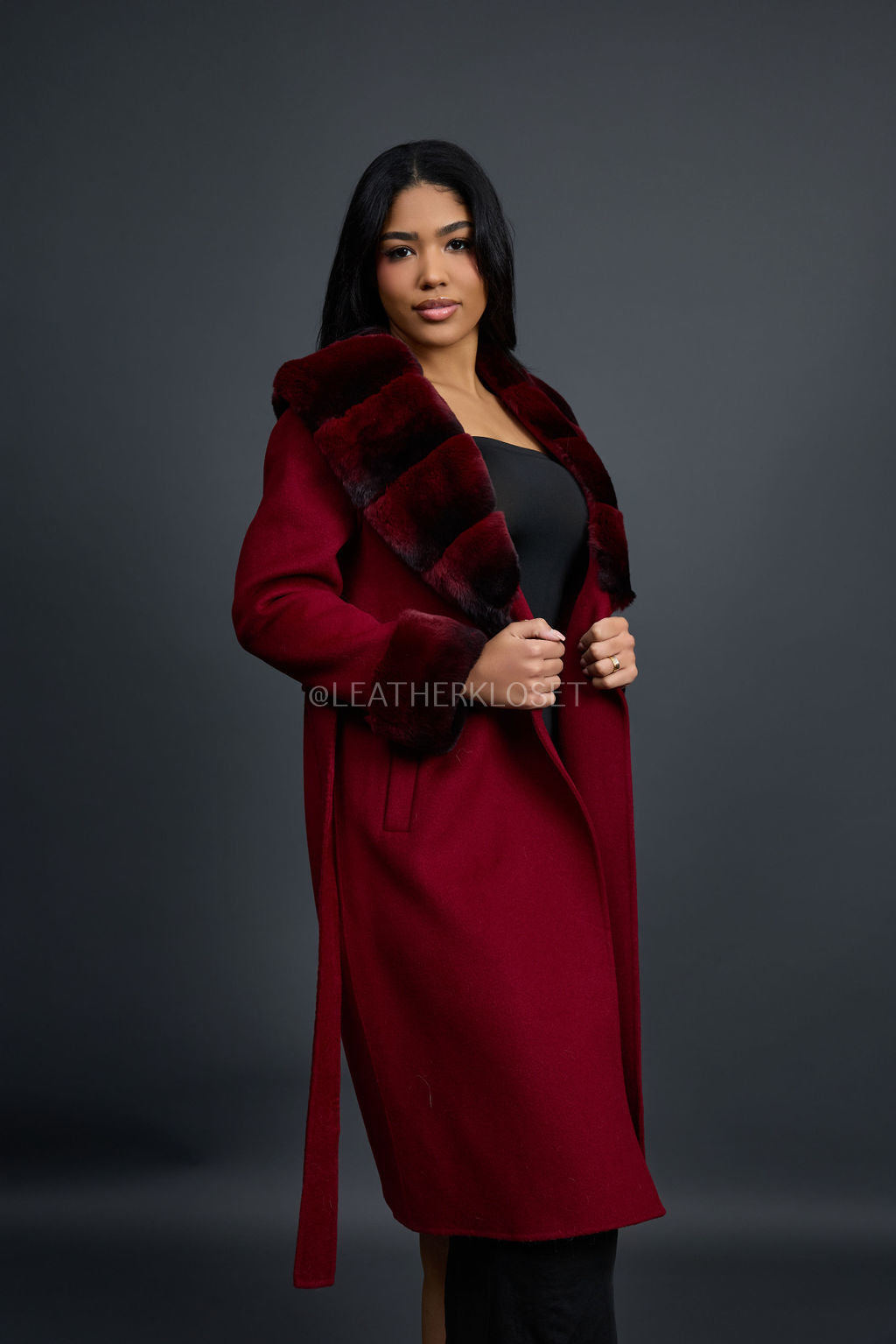 Women's Cashmere Trench Coat With Rex Trimming [Burgundy]