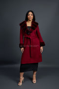 Women's Cashmere Trench Coat With Rex Trimming [Burgundy]