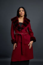 Women's Cashmere Trench Coat With Rex Trimming [Burgundy]