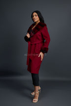 Women's Cashmere Trench Coat With Rex Trimming [Burgundy]