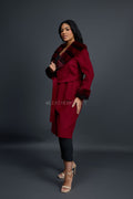 Women's Cashmere Trench Coat With Rex Trimming [Burgundy]