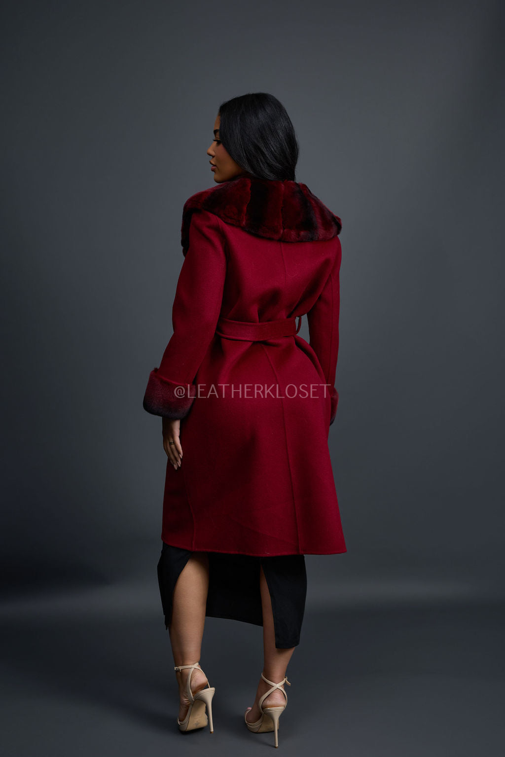 Women's Cashmere Trench Coat With Rex Trimming [Burgundy]