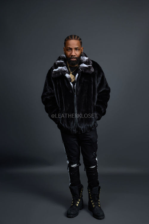 Men's Mink Bomber Jacket With Chinchilla Collar [Black]