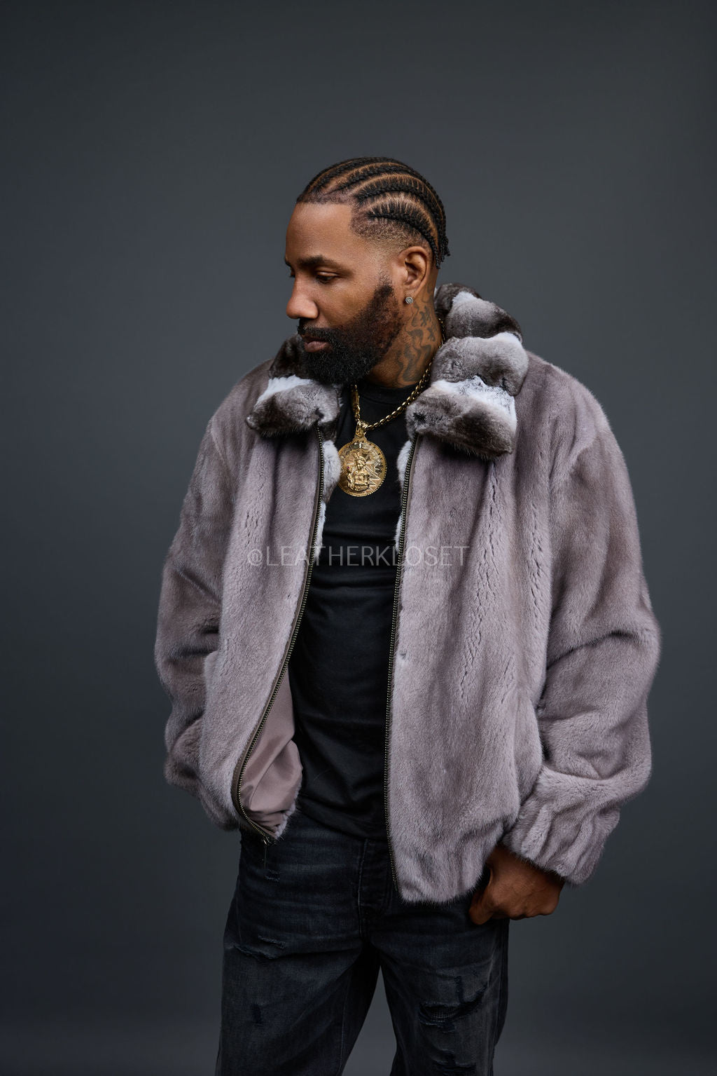 Men's Mink Bomber Jacket With Chinchilla Collar [Grey