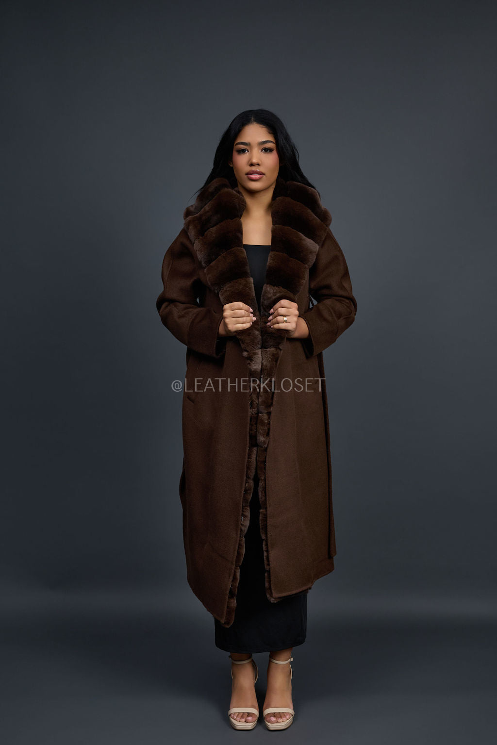 Women's Tamia Cashmere Trench Coat With Full Rex Trimming [Brown]
