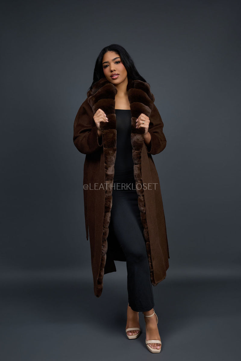 Women's Tamia Cashmere Trench Coat With Full Rex Trimming [Brown]