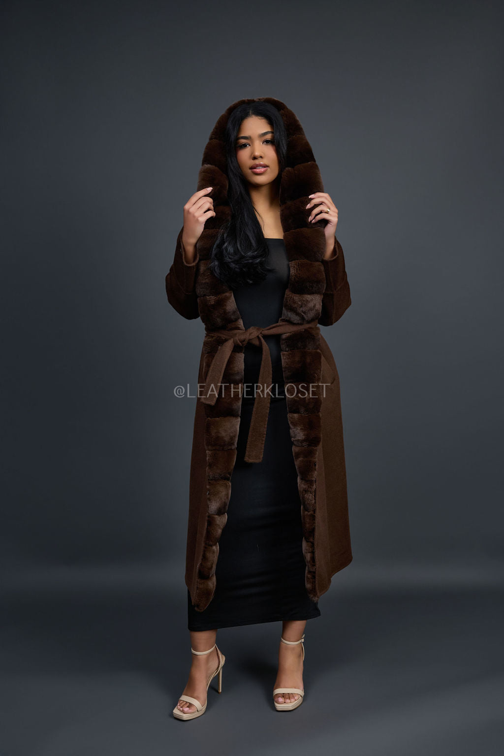 Women's Tamia Cashmere Trench Coat With Full Rex Trimming [Brown]