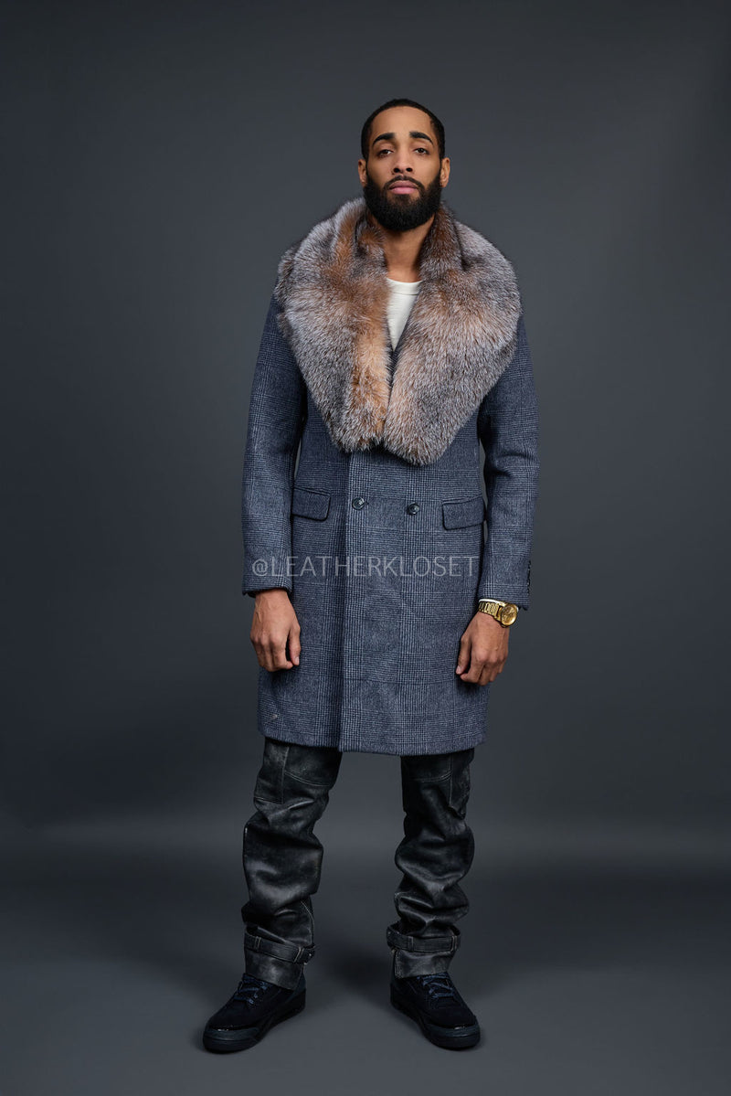 Men's Cashmere Trench Coat Grey With Fox Collar [Crystal Fox]