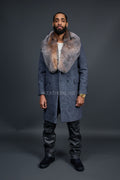 Men's Cashmere Trench Coat Grey With Fox Collar [Crystal Fox]