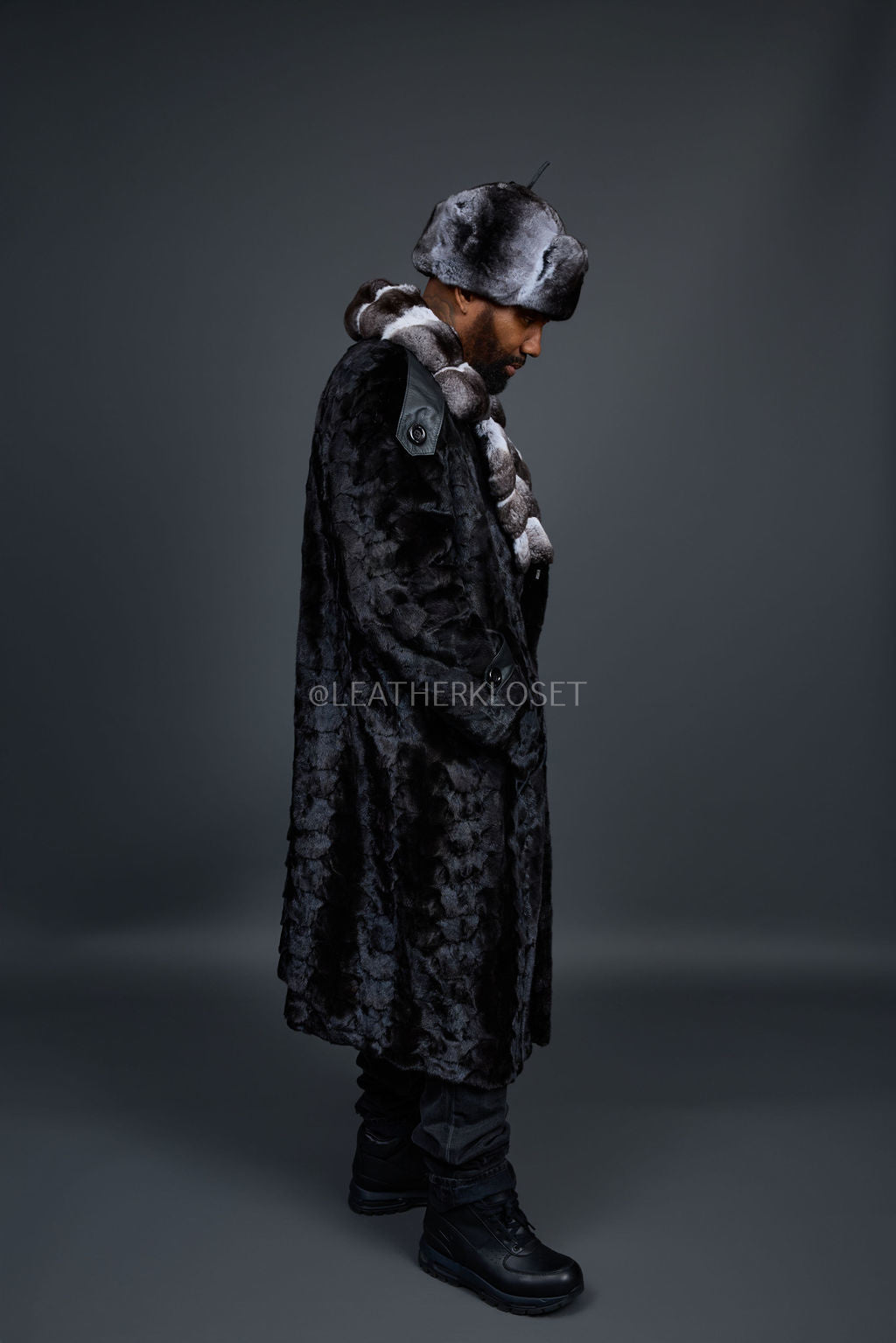 Men's Mink Trench With Chinchilla Collar With Chinchilla Hat [Black]
