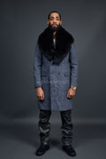 Men's Cashmere Trench Coat Grey With Fox Collar [Black Fox]