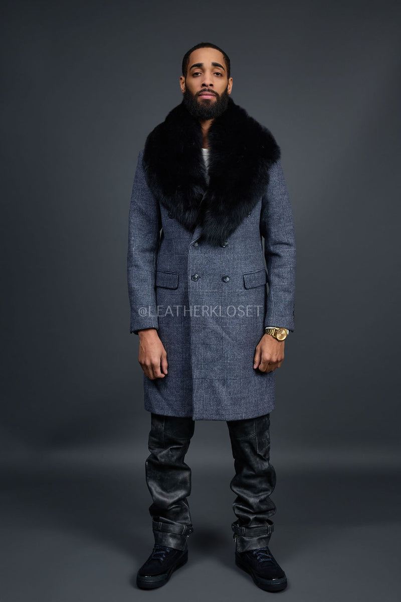 Men's Cashmere Trench Coat Grey With Fox Collar [Black Fox]