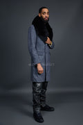 Men's Cashmere Trench Coat Grey With Fox Collar [Black Fox]