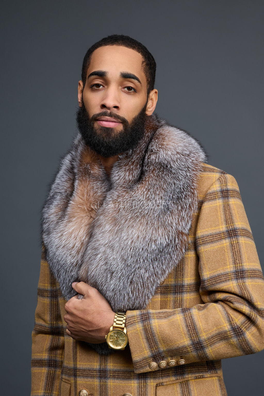 Men's Cashmere Trench Coat With Fox Collar [Tan/Brown]