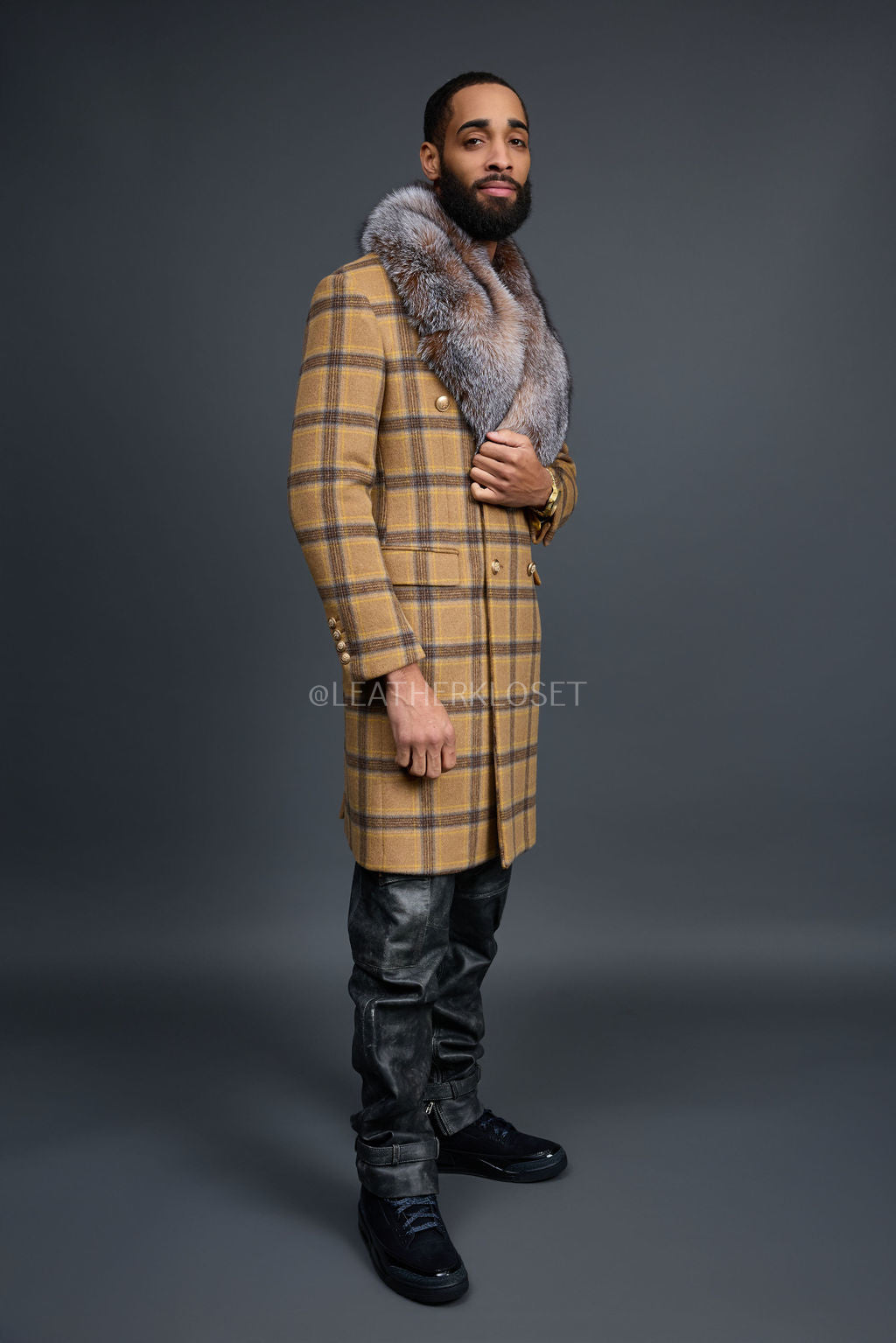Men's Cashmere Trench Coat With Fox Collar [Tan/Brown]