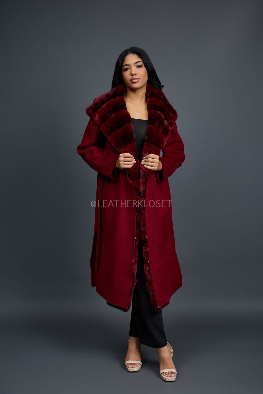 Women's Tamia Cashmere Trench Coat With Full Rex Trimming [Burgundy]