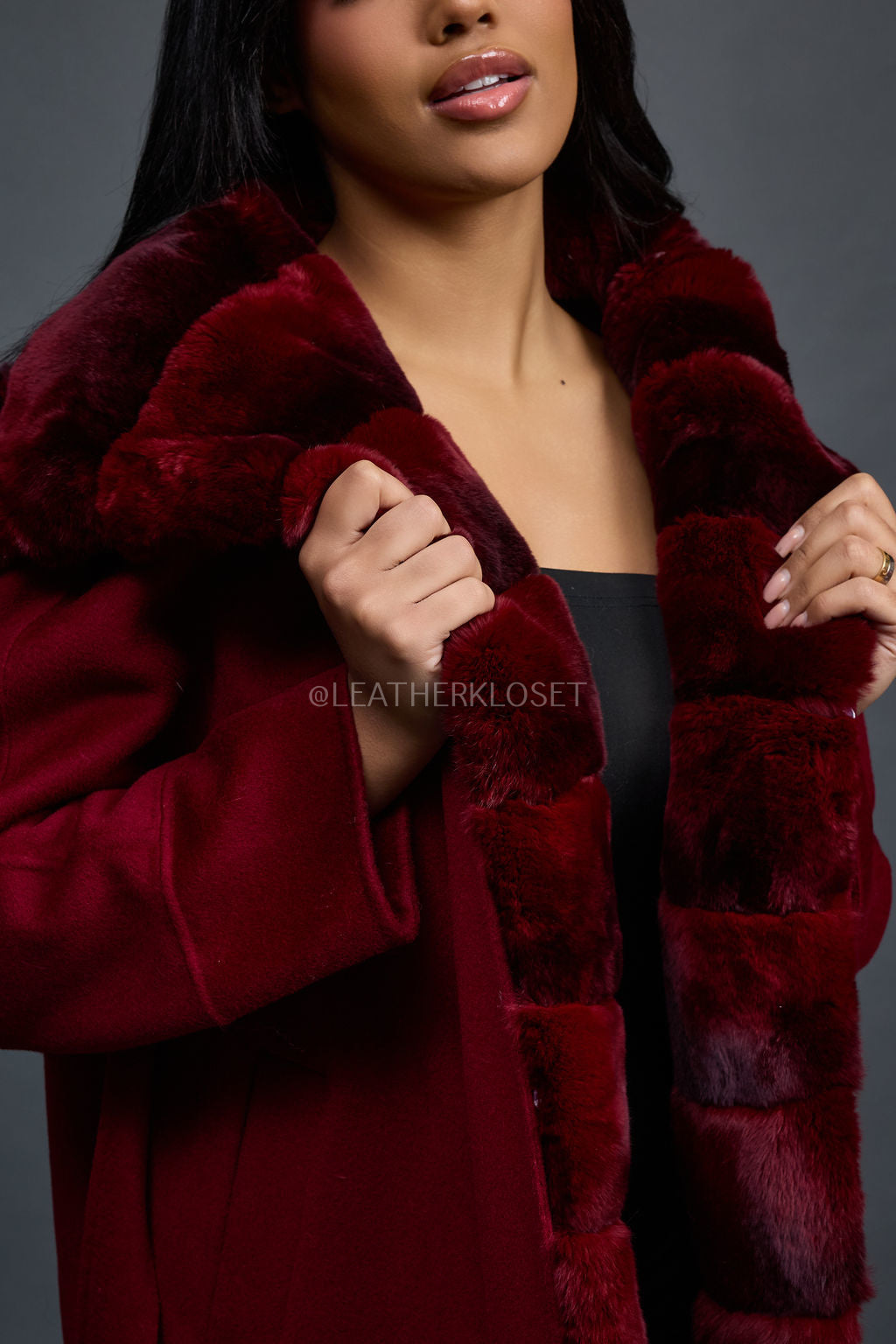 Women's Tamia Cashmere Trench Coat With Full Rex Trimming [Burgundy]