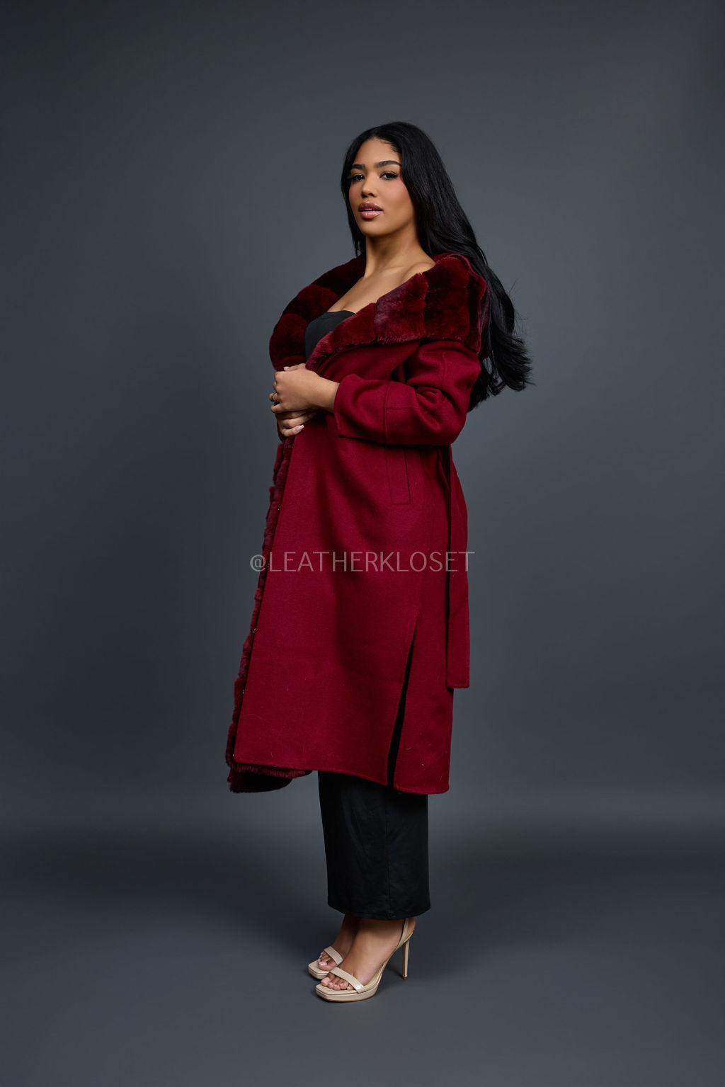 Women's Tamia Cashmere Trench Coat With Full Rex Trimming [Burgundy]