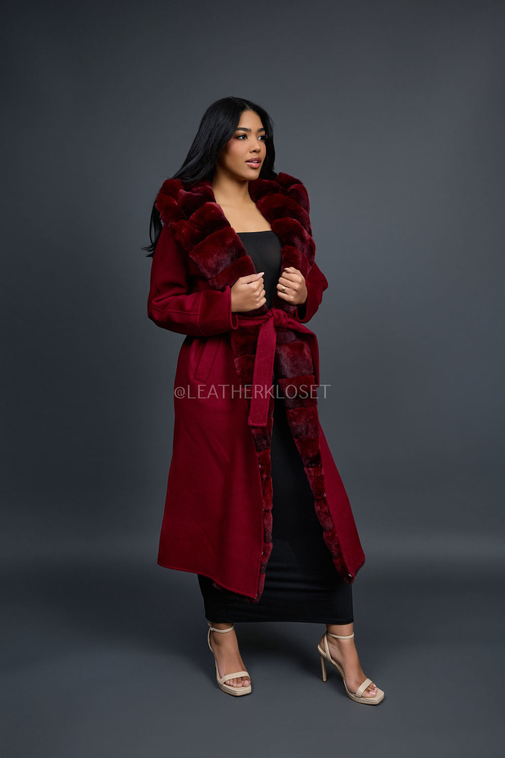Women's Tamia Cashmere Trench Coat With Full Rex Trimming [Burgundy]