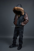 Men's Harvey Leather Jacket With Raccoon Hood [Black/Brown]