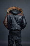 Men's Harvey Leather Jacket With Raccoon Hood [Black/Brown]