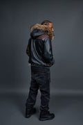 Men's Harvey Leather Jacket With Raccoon Hood [Black/Brown]