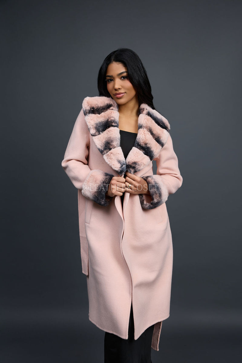 Women's Cashmere Trench Coat With Rex Trimming [Pink]