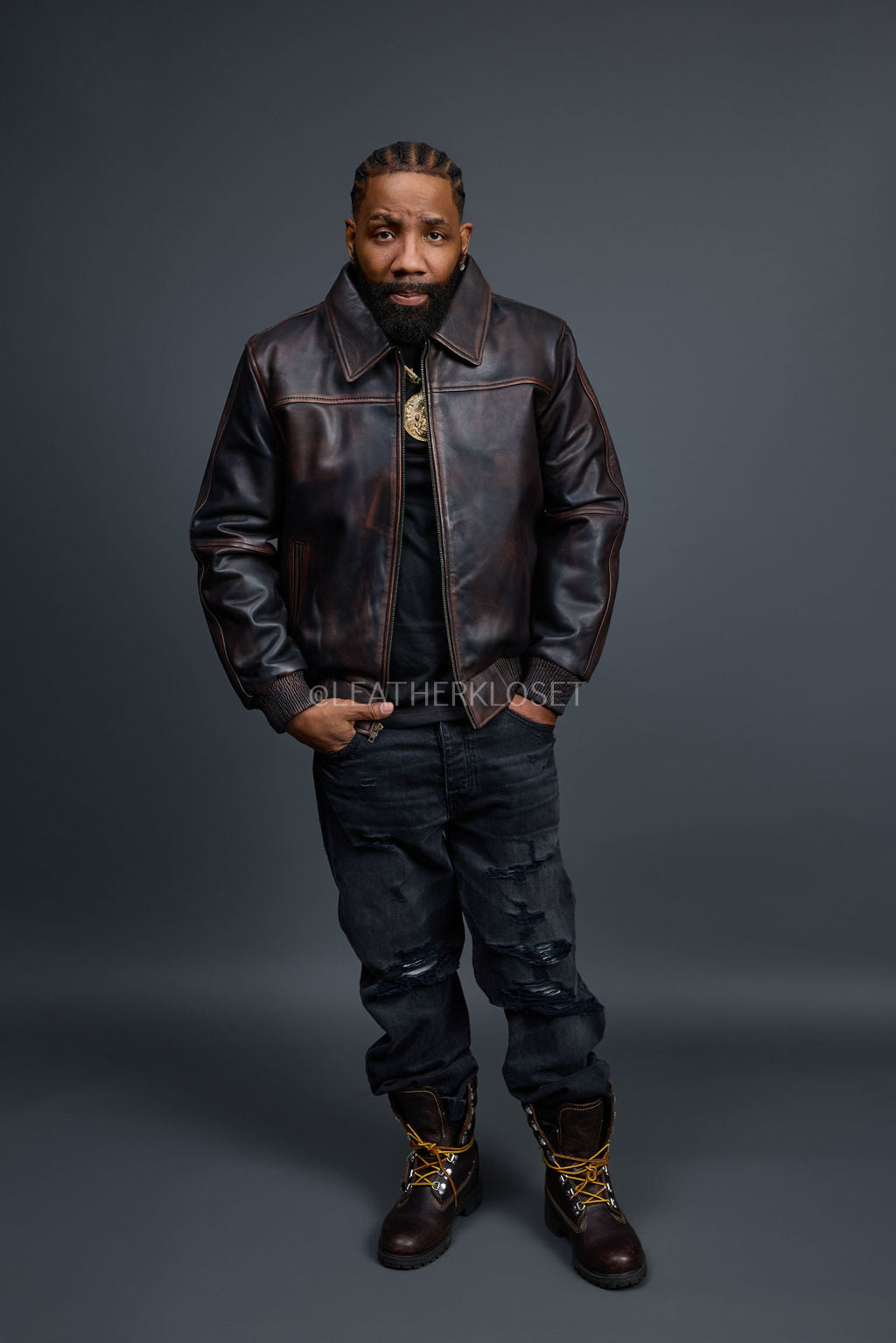 Men's Classic Baseball Leather Jacket With Collar [Brown Copper]