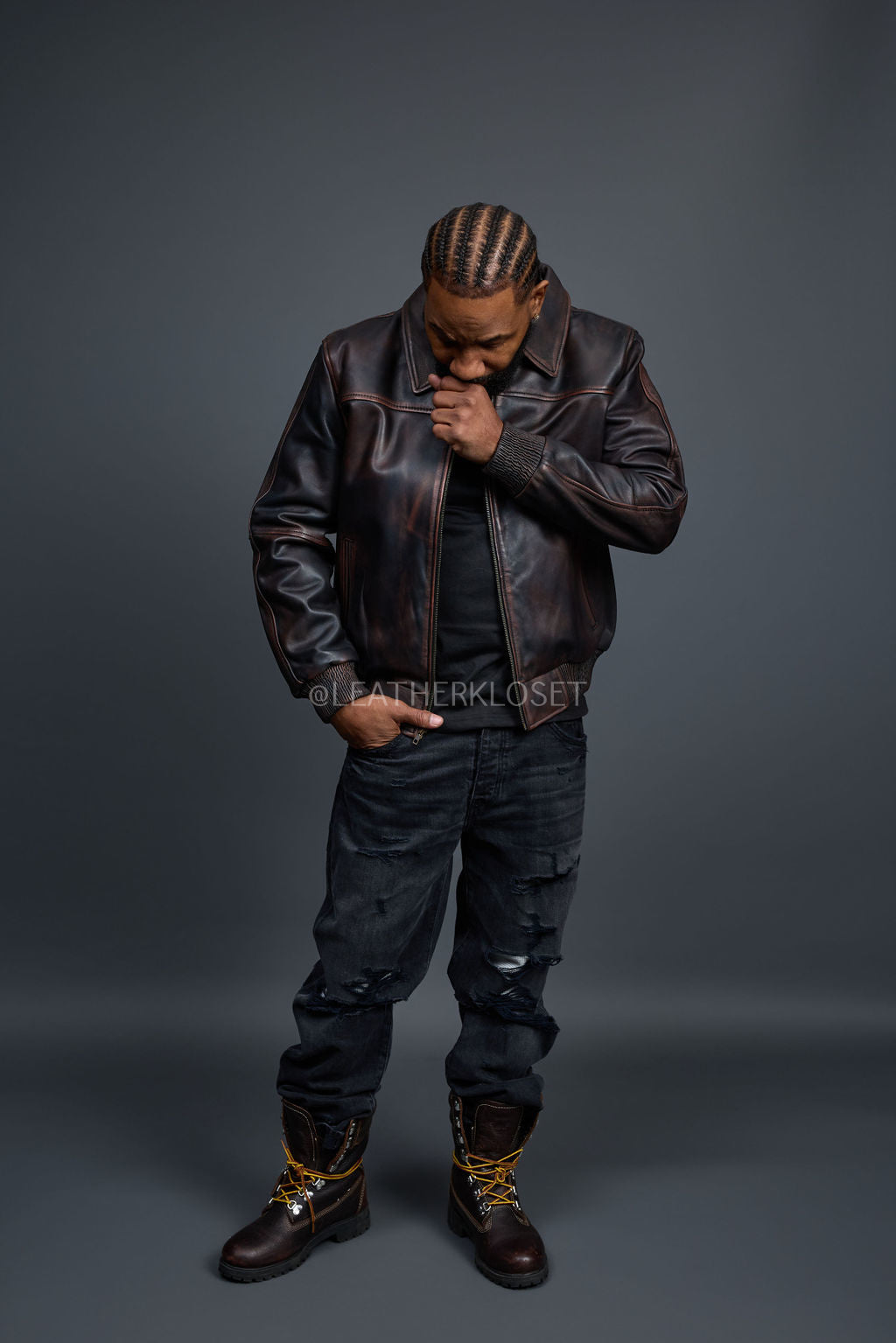 Men's Classic Baseball Leather Jacket With Collar [Brown Copper]