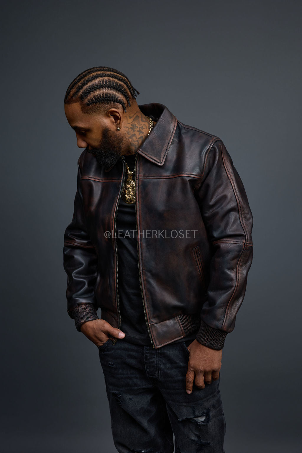 Men's Classic Baseball Leather Jacket With Collar [Brown Copper]