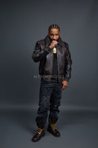 Men's Classic Baseball Leather Jacket With Collar [Brown Copper]