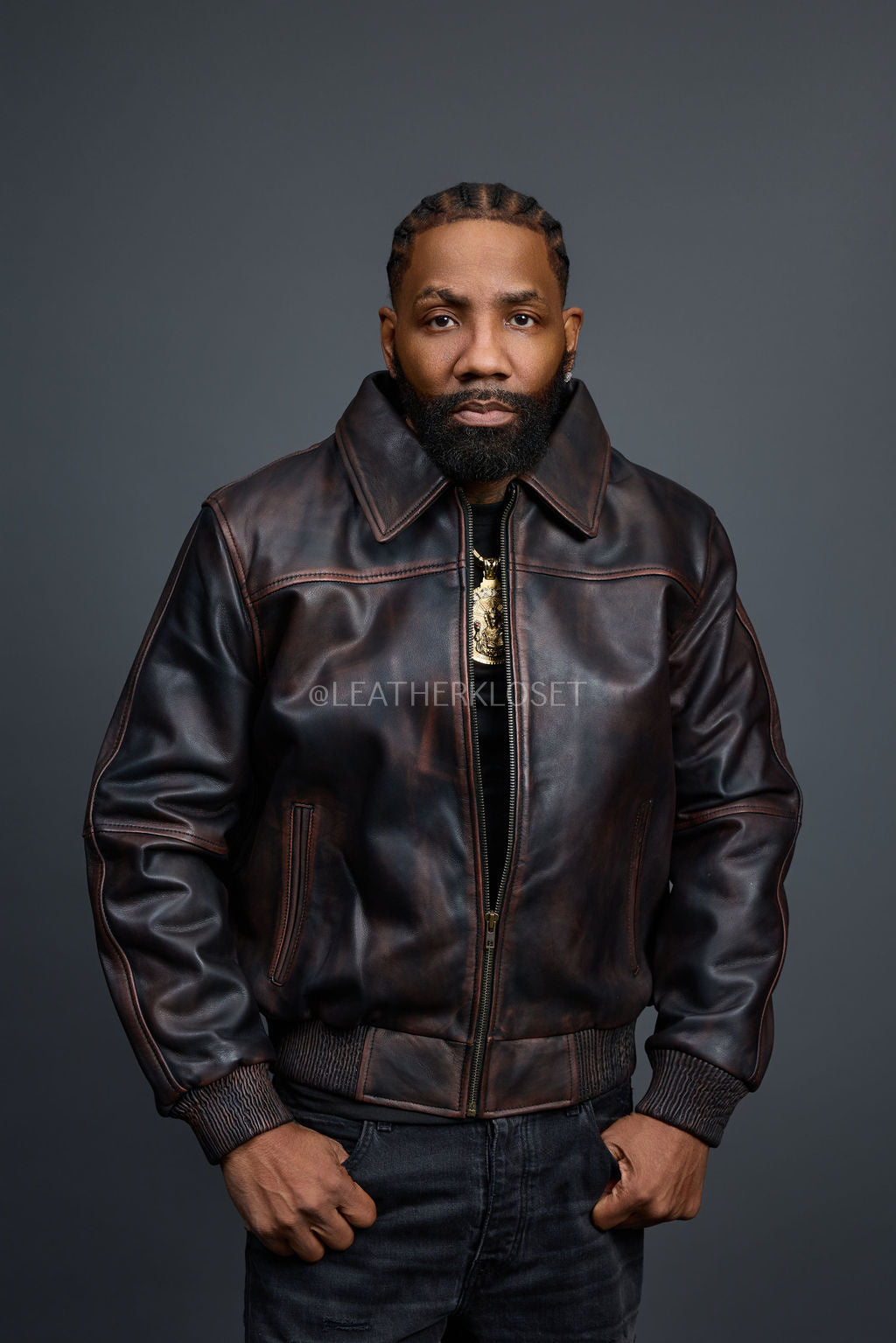 Men's Classic Baseball Leather Jacket With Collar [Brown Copper]