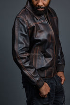 Men's Classic Baseball Leather Jacket With Collar [Brown Copper]
