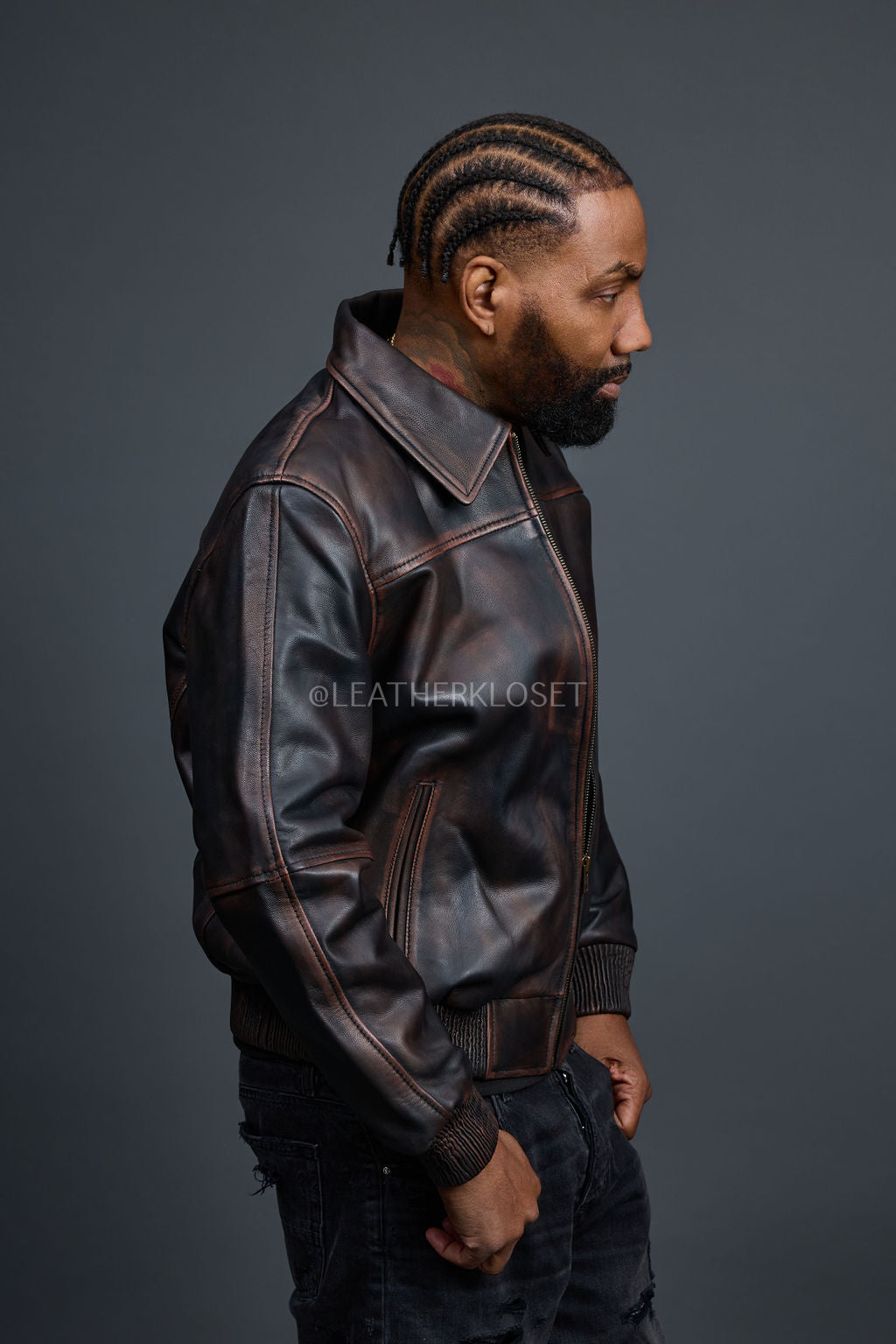 Men's Classic Baseball Leather Jacket With Collar [Brown Copper]