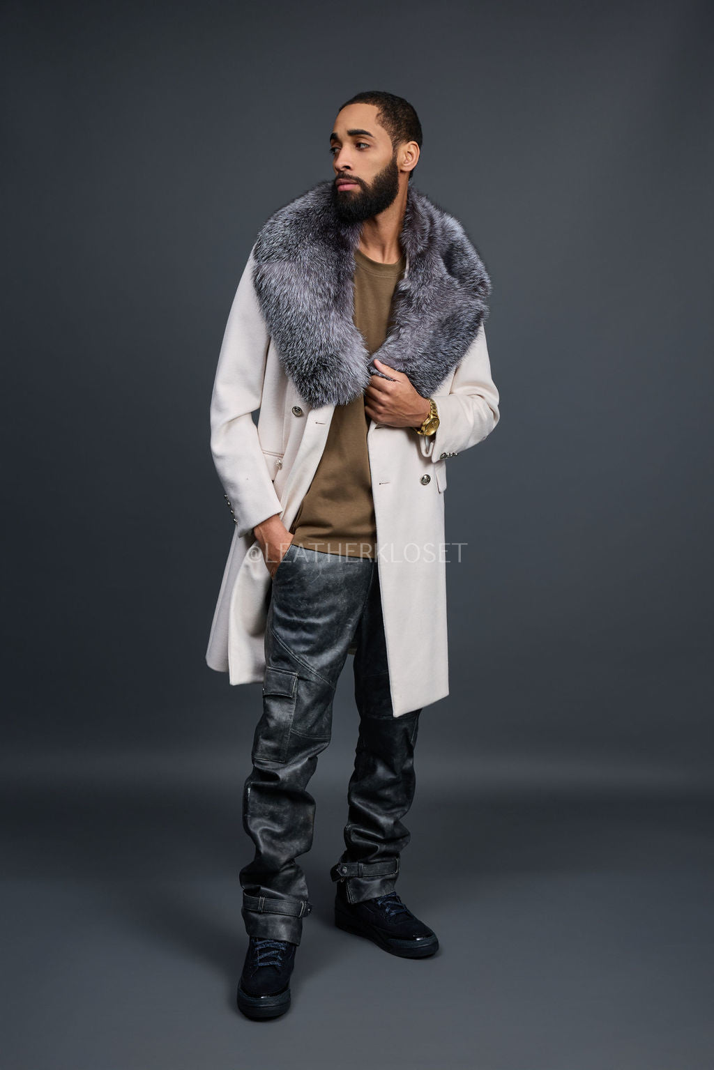 Men's Cashmere Trench Coat With Fox Collar [Silver]