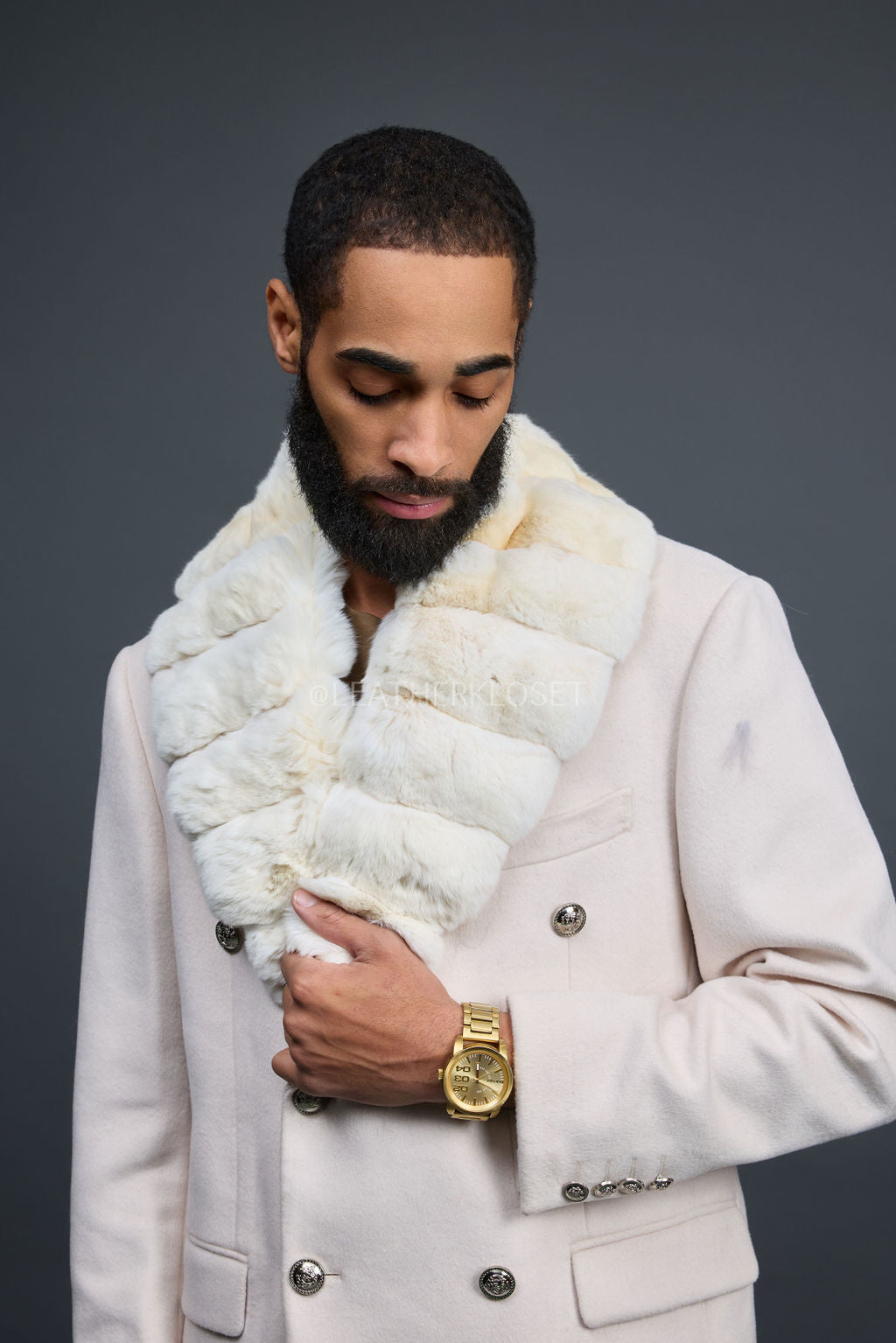 Men's Cashmere Trench Coat Cream With Chinchilla Collar [Cream]